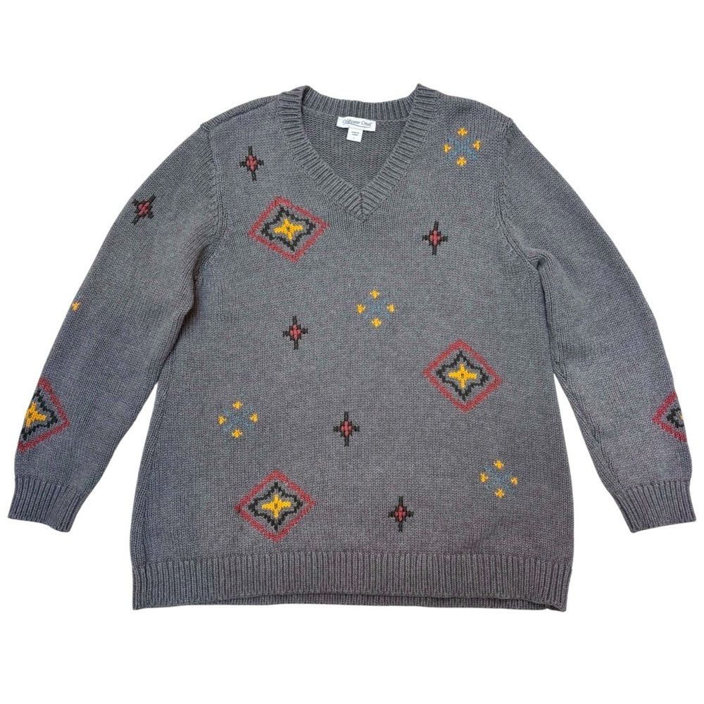 Coldwater Creek Geometric Pattern Embroidered V Neck Cotton Sweater Gray Large